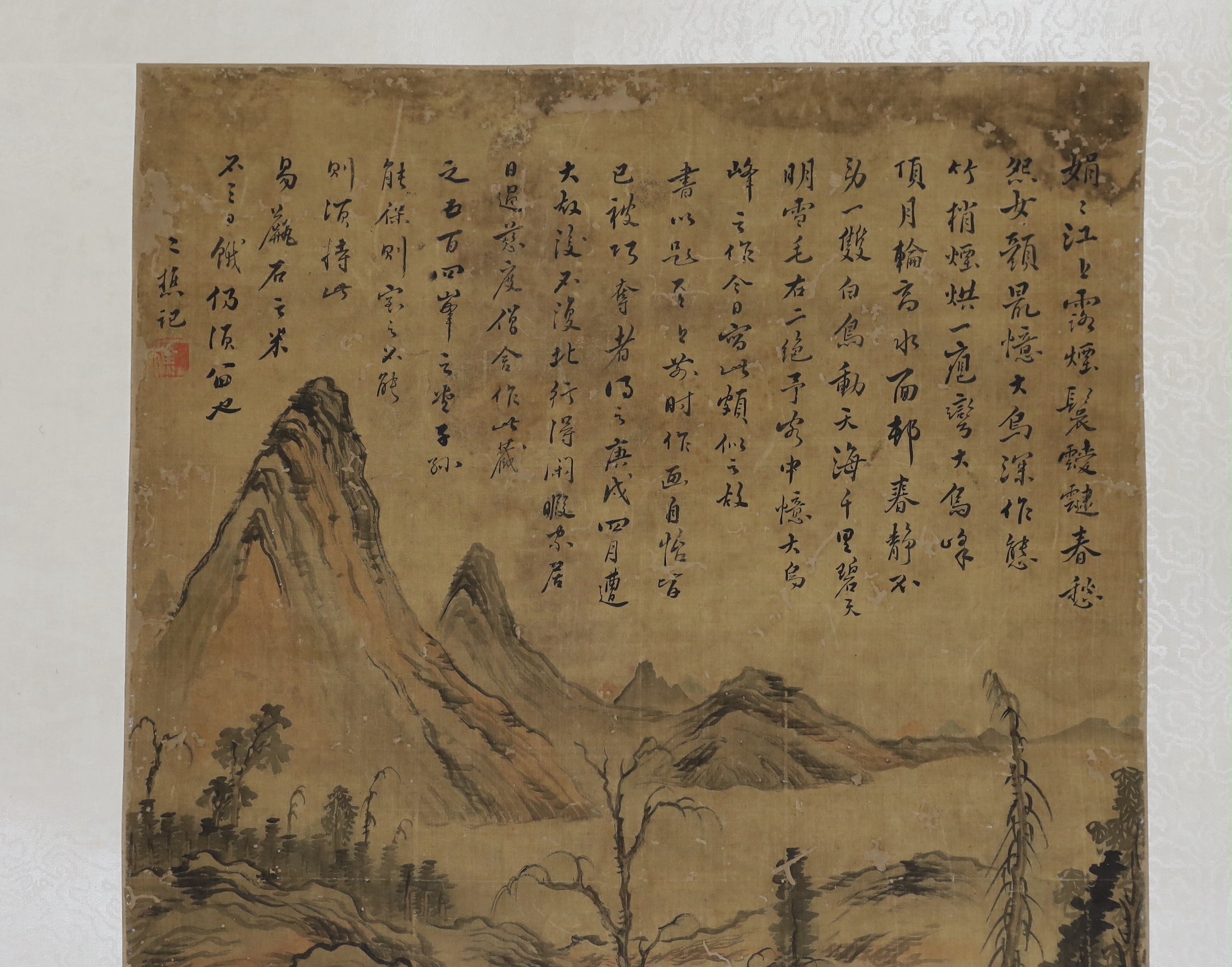 A Chinese scroll painting on silk of a sage in a mountainous river landscape, 18th/19th century, image 69.5cm x 44cm